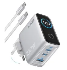 Зарядний пристрій Anker 2xUSB-C PD100W + 1xUSB GaN w Display + cable USB-C silver (B121BG41)