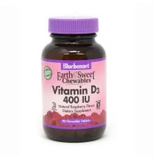 Вітамін Bluebonnet Nutrition Вітамін D3 400IU, Смак Малини, Earth Sweet Chewables, 90 жу (BLB0360)