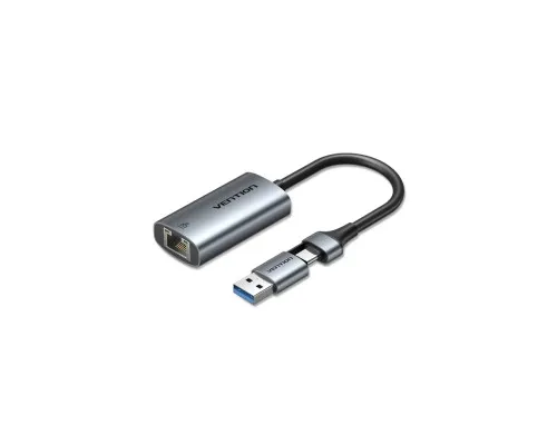 Перехідник USB-C + USB A to RJ45 Ethernet 1000Mbps 0.15m aluminum gray Vention (CFQHB)