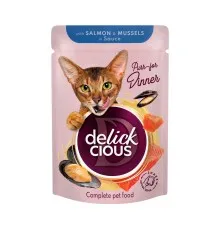 Вологий корм для кішок Delickcious Шматочки з лососем і мідіями в соусі 85 г (4820269143135)