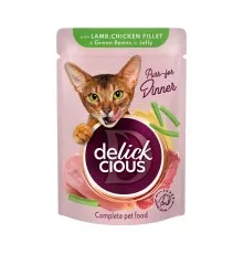 Вологий корм для кішок Delickcious Шматочки з ягнятиною, курячим філе і квасолею спаржевою в желе 85 г (4820269143128)