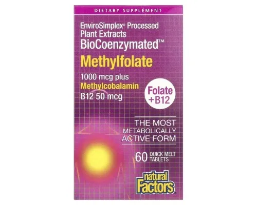 Вітамін Natural Factors Метилфолат, 1000 мкг, BioCoenzymated, Methylfolate, 60 таблеток (NFS-01241)