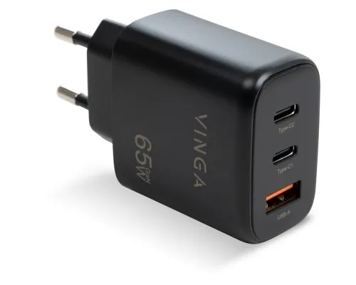 Зарядний пристрій Vinga GaN 65W PD+QC 2C1A ports Wall Charger (VCPCHCCA65B)