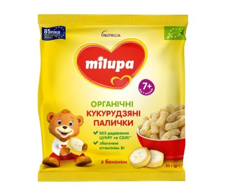 Дитячі снеки Milupa Органічні кукурудзяні палички з бананом від 7 міс., 20 г (4820226169314)