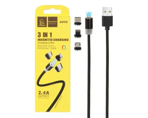 Дата кабель USB 2.0 AM to Lightning + Micro 5P + Type-C magnetic black Denmen (DN-D09E-BK)
