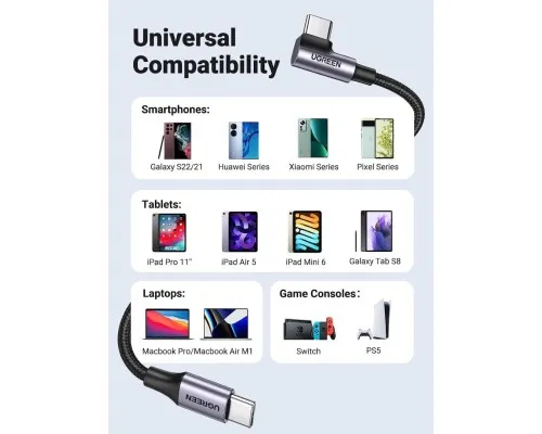 Дата кабель USB-C to USB-C 3.0m 60W US255 90-degree Angle Black Ugreen (80714)