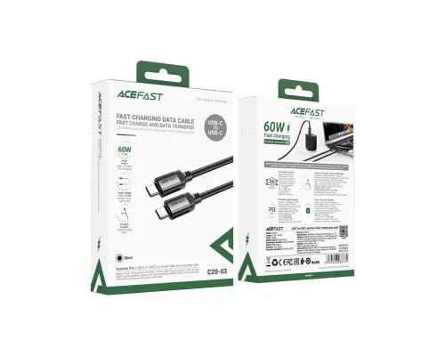 Дата кабель USB-C to USB-C 1.2m 3A aluminum alloy C20-03 Black Acefast (6974316283775)