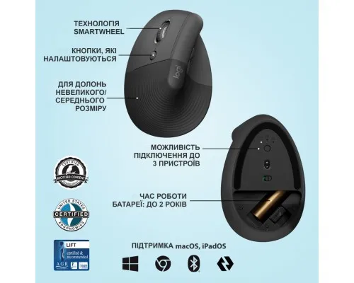 Мишка Logitech Lift Left Vertical Ergonomic Wireless/Bluetooth Graphite (910-006474)