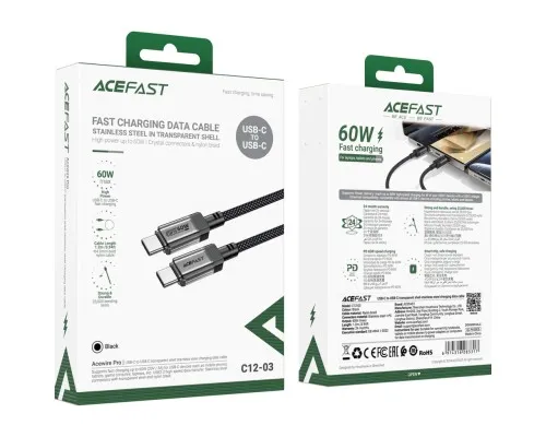Дата кабель USB-C to USB-C 1.2m 60W stainless steel C12-03 Black Acefast (6974316283317)