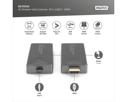Адаптер HDMI extender 30m USB-C to HDMI 4K UHD wireless black Digitus (DS-55324)