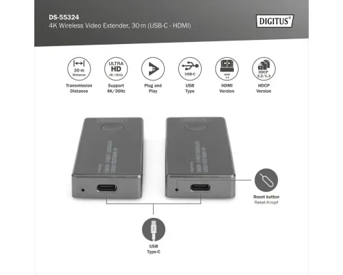 Адаптер HDMI extender 30m USB-C to HDMI 4K UHD wireless black Digitus (DS-55324)