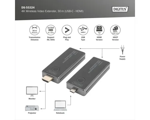 Адаптер HDMI extender 30m USB-C to HDMI 4K UHD wireless black Digitus (DS-55324)