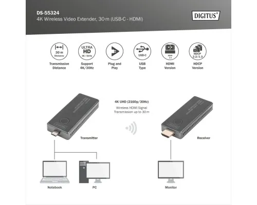 Адаптер HDMI extender 30m USB-C to HDMI 4K UHD wireless black Digitus (DS-55324)