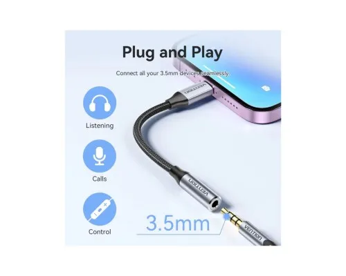 Перехідник Lightning to 3.5mm 0.1m cotton braided aluminum gray Vention (BMBHA)