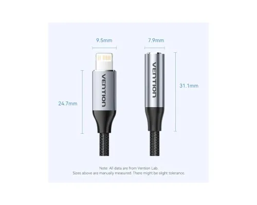 Перехідник Lightning to 3.5mm 0.1m cotton braided aluminum gray Vention (BMBHA)