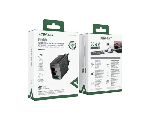 Зарядний пристрій Acefast 2xUSB 30W (USB-C+USB-A) Gan A98 Black (6974316283263)