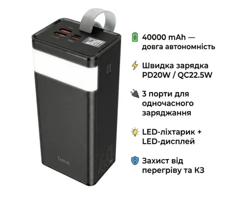 Батарея універсальна HOCO 40000mAh Powermaster PD/20W, QC/22.5W, Lamp, Black (J86 / 714737)