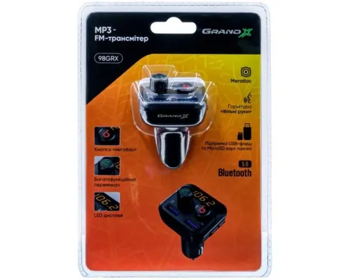 FM модулятор Grand-X 98GRX MegaBass, Bluetooth V5.0 MicroSD, 2USB , MegaBass, han (98GRX)