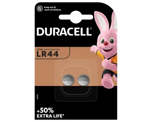 Батарейка Duracell LR44 1.5V спеціалізована лужна типу таблетка, 76A/A76/V13GA, 2шт. в упаковці (5000394504424 / 5007795)
