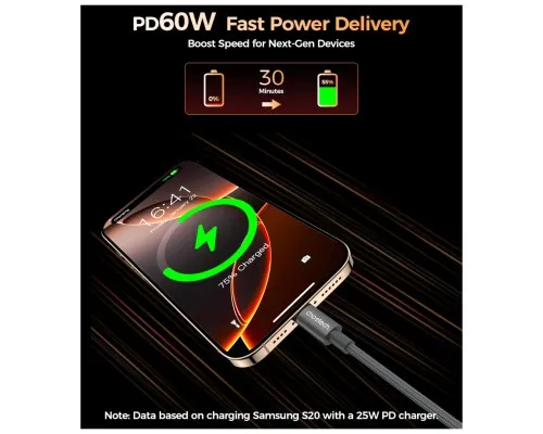 Дата кабель USB-C to USB-C 1.2m PD60W magnetic digital display nylon gray Choetech (XCC-1067-GY)