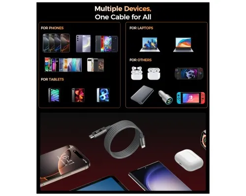 Дата кабель USB-C to USB-C 1.2m PD60W magnetic digital display nylon gray Choetech (XCC-1067-GY)