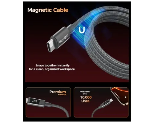 Дата кабель USB-C to USB-C 1.2m PD60W magnetic digital display nylon gray Choetech (XCC-1067-GY)
