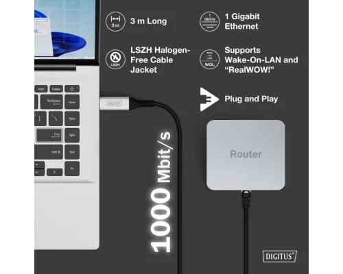 Дата кабель USB AM to RJ45 Ethernet 3.0m CAT 6A S/FTP 1Gbps LSZH Digitus (AK-300600-030-S)