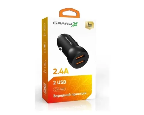 Зарядний пристрій Grand-X car 12-24V Black 2USB 5V/2.4A (CH-26/CH-26B)