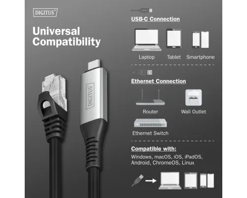 Дата кабель USB-C to RJ45 Ethernet 3.0m CAT 6A S/FTP 1Gbps LSZH Digitus (AK-300601-030-S)