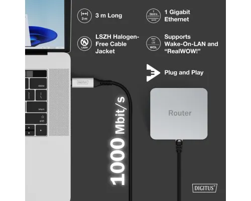 Дата кабель USB-C to RJ45 Ethernet 3.0m CAT 6A S/FTP 1Gbps LSZH Digitus (AK-300601-030-S)
