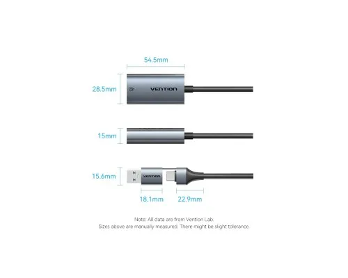 Перехідник USB-C + USB A to RJ45 Ethernet 1000Mbps 0.15m aluminum gray Vention (CFQHB)
