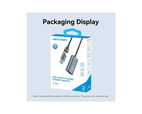 Перехідник USB-C + USB A to RJ45 Ethernet 1000Mbps 0.15m aluminum gray Vention (CFQHB)