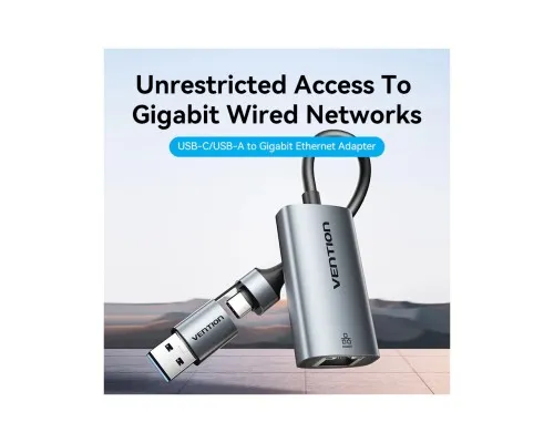 Перехідник USB-C + USB A to RJ45 Ethernet 1000Mbps 0.15m aluminum gray Vention (CFQHB)