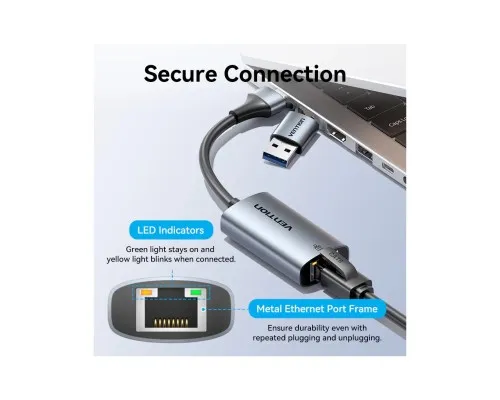 Перехідник USB-C + USB A to RJ45 Ethernet 1000Mbps 0.15m aluminum gray Vention (CFQHB)