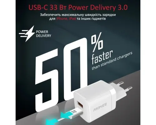 Зарядний пристрій Promate 33W USB-C + USB-A (powerport-33.white)