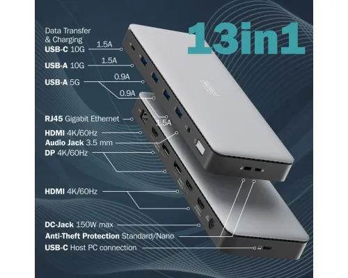 Порт-реплікатор Digitus USB-C > 3xHDMI/2xDP/4xUSB-A/USB-C/RJ54/DC/Audio (DA-70918)
