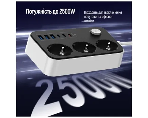 Мережевий фільтр живлення ColorWay CW-CHE36PDB, 3 розетки/ 3USB + 3TYPE-C 2M (CW-CHE36PDB)