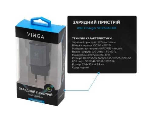 Зарядний пристрій Vinga USB-C PD30W + USB-A QC30W Display 33W Max (VCR30ACDB)