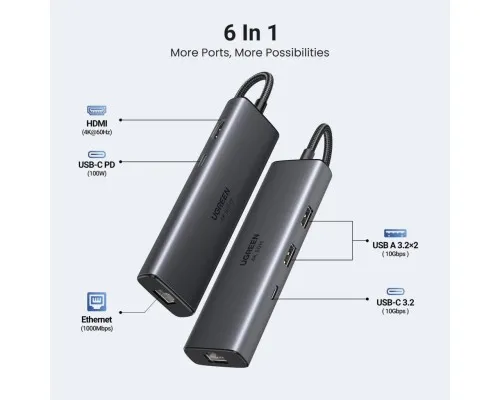Концентратор Ugreen USB-C to HDMI + 2xUSB 3.2 + USB-C 3.2 + RJ45 + PD CM512 gray (45000)