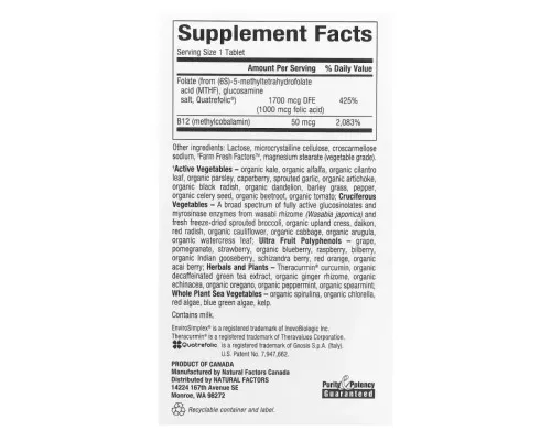 Вітамін Natural Factors Метилфолат, 1000 мкг, BioCoenzymated, Methylfolate, 60 таблеток (NFS-01241)