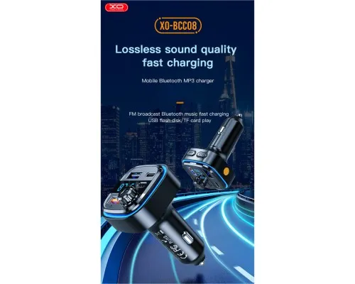 FM модулятор XO BCC08 автомобільний зарядний пристрій MP3/PD/2USB/3,1A Чорни (XO-BCC08)
