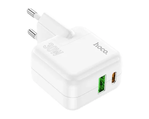 Зарядний пристрій HOCO C111A Lucky 1xUSB-C PD30W + 1xUSB QC3.0 White (6931474790866)