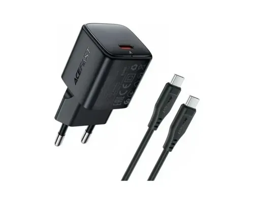Зарядний пристрій Acefast USB-C PD20W GaN + cable USB-C to USB-C black (6974316286509)