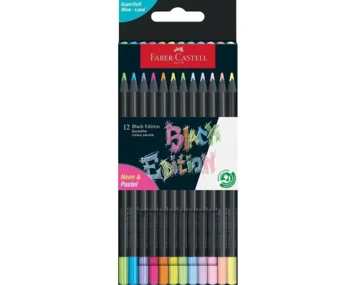 Олівці кольорові Faber-Castell Black Edition colour pencils Neon + Pastel, тригранні. чорне дерево, 12 кольорів (116410) (32083)