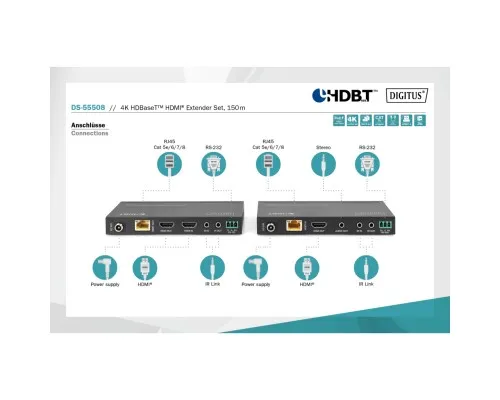 Адаптер HDMI extender 120m 4K/60Hz 150m Full HD 1080p CAT6A/7/8 Digitus (DS-55508)