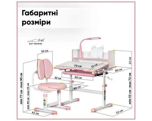Парта зі стільцем ErgoKids Pink (+полка+лампа) (BD-24 PN)