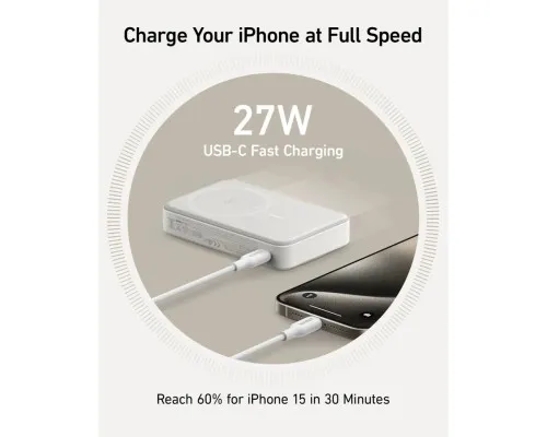 Батарея універсальна Anker MagGo 10000mAh, Qi2/15W, PD, 27W, USB-C, white (A1654G21)