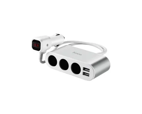 Зарядний пристрій HOCO 2xUSB 10.5W + 3x car socket silver (6957531050896)