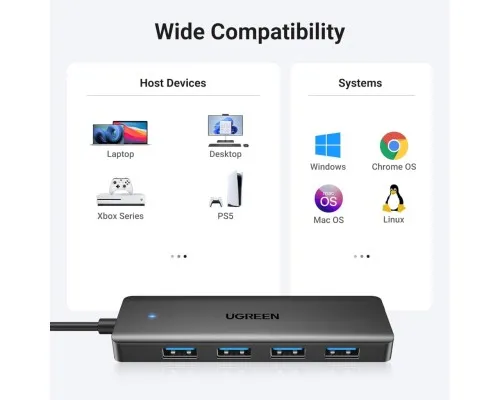 Концентратор Ugreen USB 3.0 to 4хUSB 3.0 0.15m Space Gray CM219 (25851)
