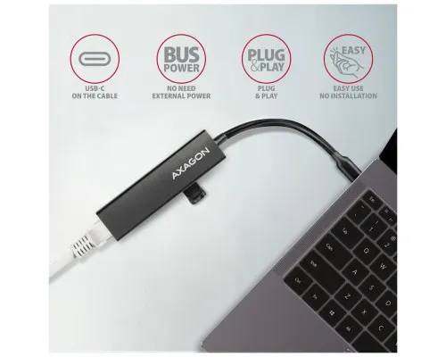 Концентратор AXAGON USB-C to 3xUSB-A + RJ45 0.2m metal black (HMC-GL3A)